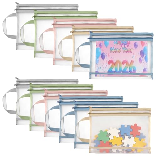 ZYNERY 11 Pack Colored Mesh Zipper Pouch Bags A4 Double-Layer Sorting Toy Storage Bags with Handle Puzzle Storage Bags for Building Blocks Puzzles Board Games Books