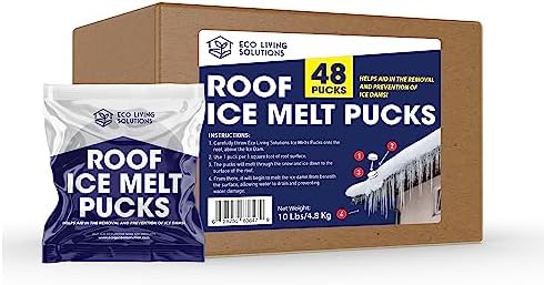 ECO LIVING SOLUTIONS Roof Ice Melt Pucks Calcium Chloride Pucks | Prevent Damage to Roofs from Ice Dams | Roof Melt Tablets | Works Down to -25 °F (10 Pounds/48 Pucks)