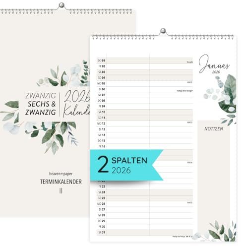 heaven+paper Kalender 2026 Wandkalender 2 Spalten – Paarkalender im natürlichen Eukalyptus Design Single Kalender 2026 für zwei zum aufhängen mit Blumen – Made in Germany