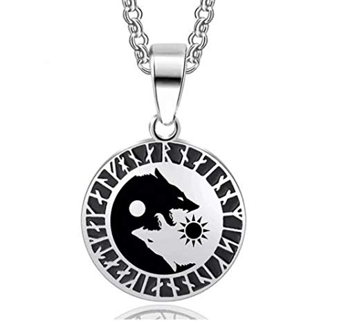Viking Wolf Head Pendant, LOYEH Sun and Moon Necklace Titanium Steel Viking Runes Pendant for Men Boy Dog 1.19 Inches