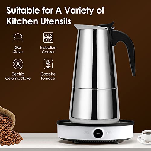 ماكينة تحضير قهوة اسبريسو، 2/4/6/9 اكواب محمولة من الستانلس ستيل لتحضير القهوة والاسبرسو الايطالية لبوتاجاز الغاز والموقد والحث الحراري (2 كوب - 100مل)، فضي