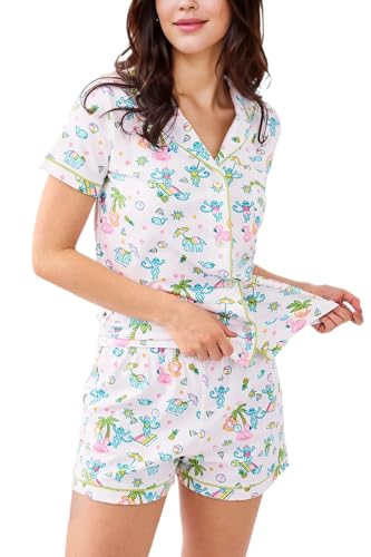 Image of Womens Pajamas Set Shorts Button Down 2 Piece Monkey Bunny Y2k Roller Dupes Rabbit Preppy Lounge Pjs Comfy Sleep Wear