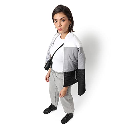 Image of Campus Sutra Women Grey Colour-Blocked Puffer Regular Fit Bomber Jacket For Winter Wear | Standing Collar | Full Sleeve | Zipper | Casual Jacket For Woman & Girl | Western Stylish Jacket For Women
