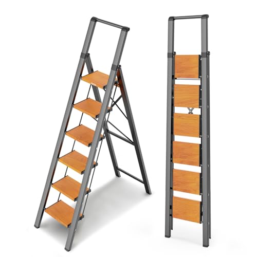 WOA WOA Step Ladder 6 Step Folding, Foldable Tall Ladder with Handrail, Aluminum Stepladder for High Ceilings, Lightweight, Deep Pedals, Anti-Slip Feet, Capacity 300 lbs - Black & Wood Grain