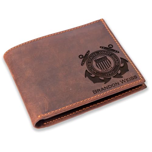 Custom United States Coast Guard Engraved Leather Bifold Wallet, Wallets for Coast Guard Men, US Guard Wallet, Crazy Horse Leather, Mens Wallet Bifold