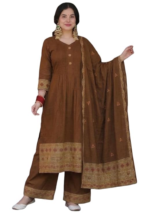 anni designer Viscose Printed Straight Kurta with Palazzo and Dupatta for Women | Viscose Brown | 3/4 Sleeve | V-Neck | Ethnic Wear Casual Wear-picture-12