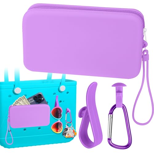 Image of Mity rain Silicone Wallet for Bogg Bag Phone Holder | Accessories Set for Bogg Bag Contain 2PCS Key Holder and Large Capacity Silicone Zipper Bag for Beach Bags Tote Bag (Purple)