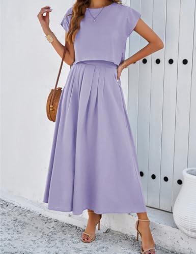 Image of HangNiFang Summer Skirt Sets Women 2 Piece Outfits Cap Sleeve Top Elastic Waist Maxi Dress Sets with Pockets
