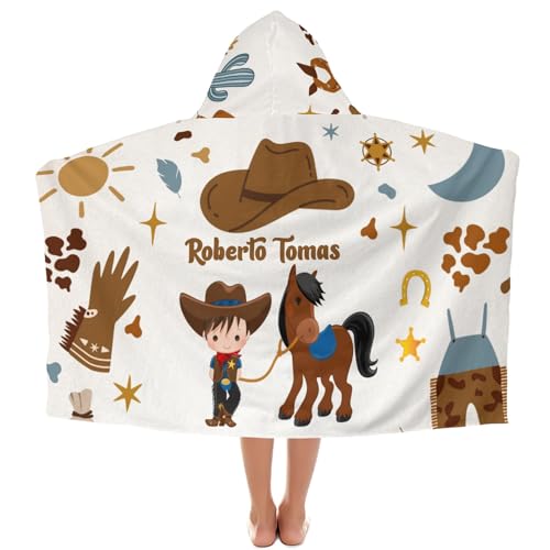 Eiis Unidesign Personalized Cute Cowboy Horse Beach Towel with Hood for 3-12 Years Boys Girls Hooded Towels Bath Robe for Kids, 30x50 Inches