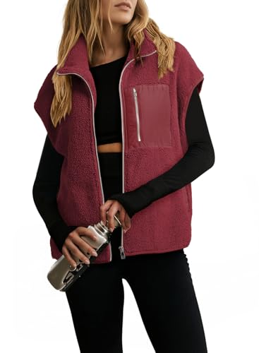 Dokotoo Womens Fleece Vest Tops for Women Fall Jackets Red L