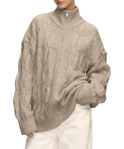 Cable Knit Zip Up Cardigan Turtleneck Sweaters Unisex Open Front Zipper Oversized Sweater2