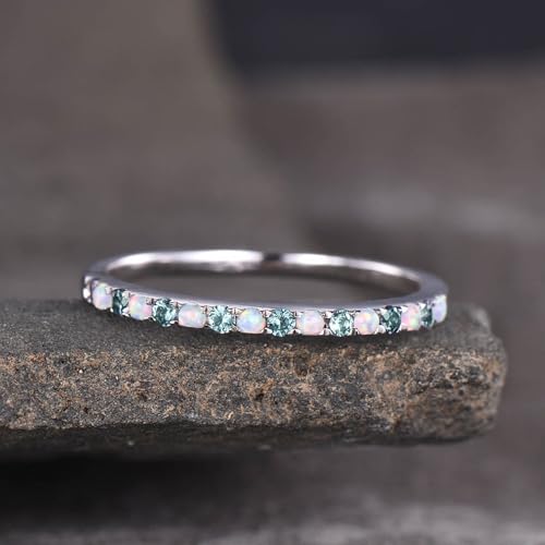 18k Solid Yellow Gold Opal & Aquamarine Wedding Band for Women, Unique Half Eternity Handmade Gift Ring, Dainty Promise Ring, Stackable Bridal Jewelry, Birthday or Valentine’s Day Gift2