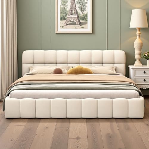 DULRLLY Bubble Bett Polsterbett 140x200 cm,Doppelbett mit Lattenrost, Jugendbett mit Gepolstertes Kopfteil, Gepolstertes Bett für Schlafzimmer und Gästezimmer,ohne Matratze, Leinenstoff (Beige) – Bild 4
