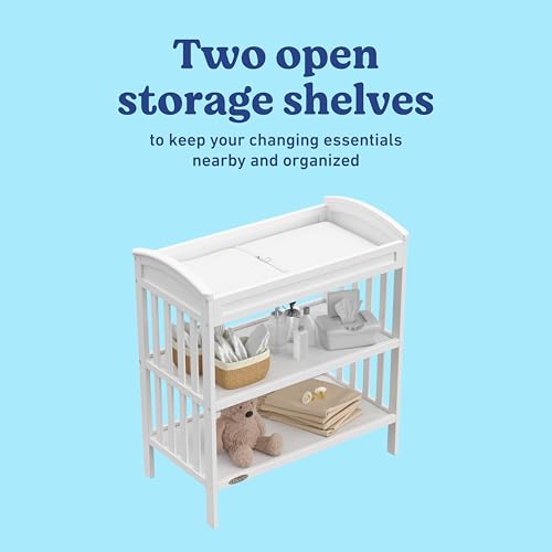 Image of Graco Benton Changing Table with Bonus Water-Resistant Changing Pad (White) - GREENGUARD Gold Certified, Includes Diaper Change Pad with Safety Strap, 2 Open Storage Shelves for Organizing
