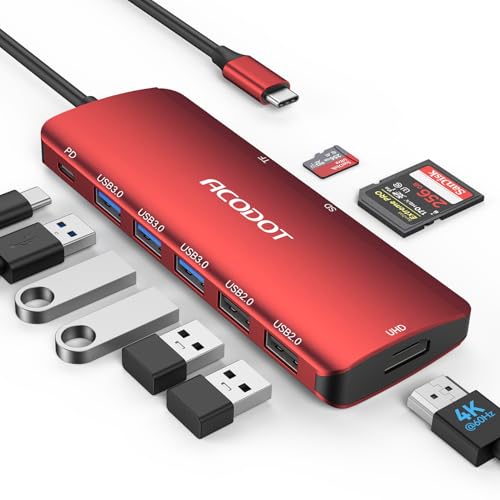 Acodot 9-in-1 USB C Hub Multiport Adapter - 4K@60HZ HDMI, 3 USB 3.0 Ports, SD/TF Card Reader, 100W PD for MacBook Pro Air HP XPS - Red