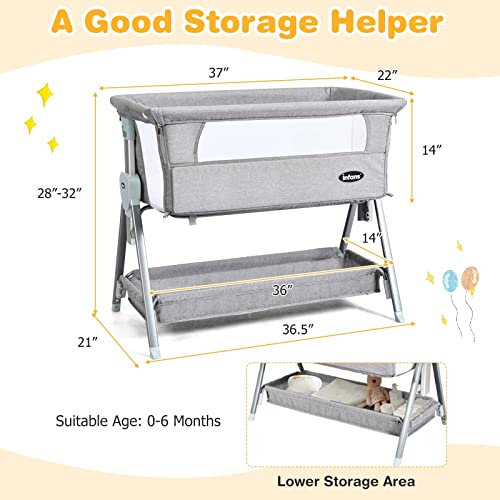 Infans Baby Bassinet Bedside Crib, Newborn Sleeper W/Large Storage Basket, Adjustable Heights & Angle, Detachable &Washable Mattress, Breathable Mesh, Straps, Easy Moving Bed Side, Light Grey #TOP5