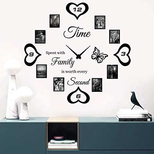 Words of Wall Decor Quote Time Spent with Family is Worth Every Second Wall Decal Sticker Clock Family Quote Saying Vinyl Wall Art Stickers for Living Room Dining Room Included Photo Frames Home Decor (Black)
