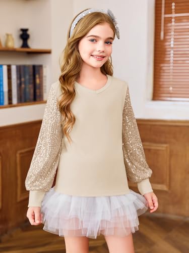 Image of Haloumoning Girls Sequin Shirts Kids Cute Long Sleeve V Neck Tops 5-14 Years