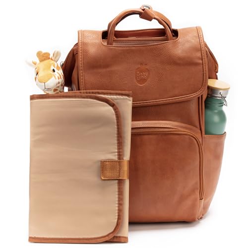 Chic vegan läder skötväska - unisex baby byte ryggsäck, en verklig Mary Poppins väska med fack Galore, Brun