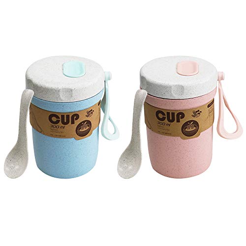 LZYMSZ 2PCS Wheat Straw Soup Cup, 300ml Portable Microwaveable Breakfast Cup, 2 Colors Porridge Lunch Box with Spoon for Office Outdoor Travel (Blue and Pink)