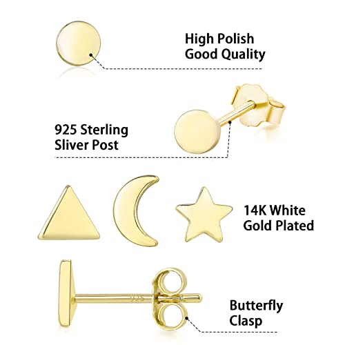 Sterling Silver Stud Earrings - 4 Pairs Small Gold Plated Ball Earrings Triangle Stud Star Moon Round CZ Earrings Bar Earrings Set Hypoallergenic Cartilage Tragus Earrings3