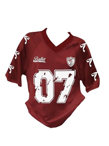Image of RoseSeek Girl's Jersey Y2K Oversized Graphic Number Print Tops V Neck Short Sleeve T Shirt Hip Pop Tee Streetwear