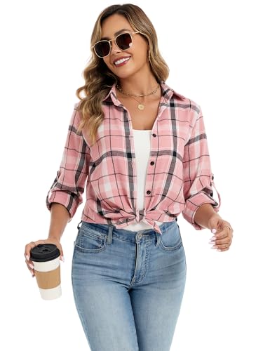 Famrrifuu Camisa de franela a cuadros para mujer, casual, ligera, de manga larga, con botones, a cuadros, para novio, rosa, XXL