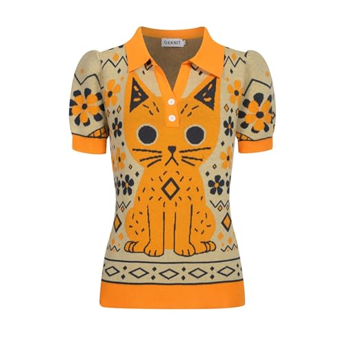 Polo femme jaune vintage OXKNIT en coton tricoté avec col v retro et jacquard chat mignon