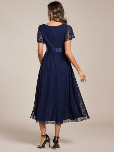 Image of Ever-Pretty Women's Lace Short Sleeve Round Neck Empire Waist Midi High Low Evening Gown 03489