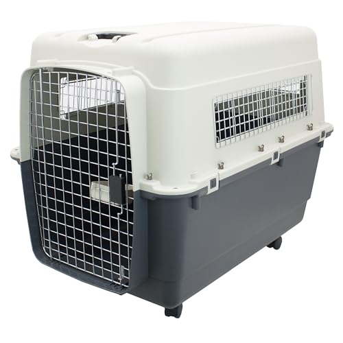 Image of SportPet Airline Compliant XX-LARGE 39 inch Travel Dog Kennel-Durable Plastic Airline Pet Carrier w / Removable Wheels & Food Bowls, Collapsible Indoor /Outdoor Dog Kennel, Dogs up to 36 inchL & 27 inchH-Cream /Gray
