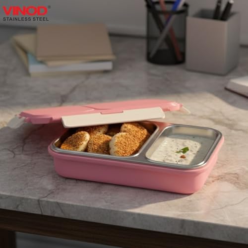 Image of Vinod GO-Tiffin Stainless Steel 2 Compartment Insulated Lunch Box | Pink | Leaf-Proof, Vacuum Sealed & Air Tight | Tiffin Box for Office, Kids & Adults | Freezer Safe | with Safety Lock