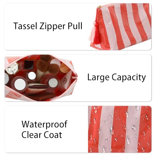 DYSHAYEN Makeup Bags for Purse,Small Clear Coated Cosmetic Bags for Women Girls, Waterproof Travel Organizer Zipper Pouch Beach Vacation Essentials (Pink-Orange)3
