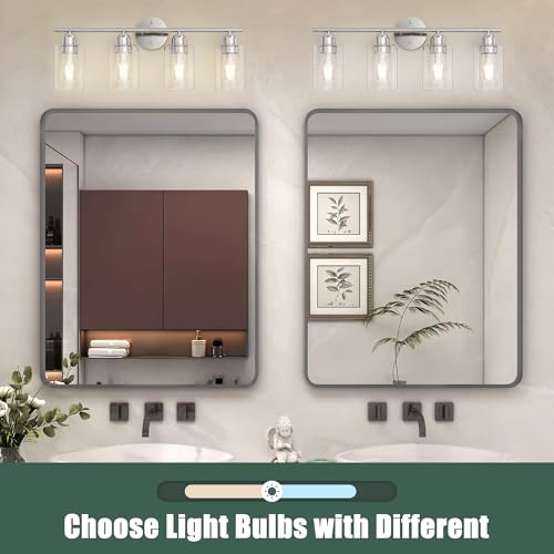 Image of Bathroom Vanity Light Fixtures Brushed Nickel,4 Lights Rustic Farmhouse Vanity Bar Lighting Over Mirror Modern Industrial Wall Sconces Lamp with Cylinder Glass Shade