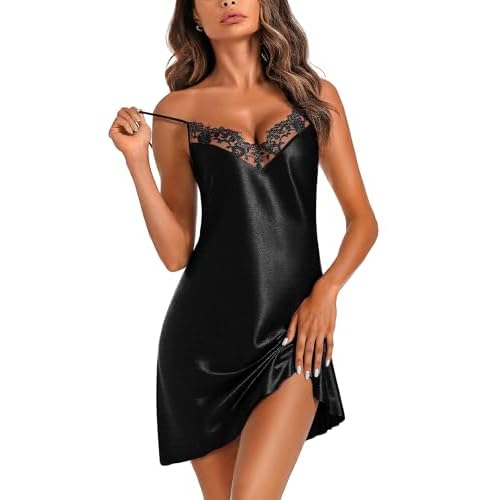 Marvmys Women's Satin Chemise Nightgown Lace Trim Silk Slip Lingerie Dress Sexy V Neck Nighties Sleepwear Black Small