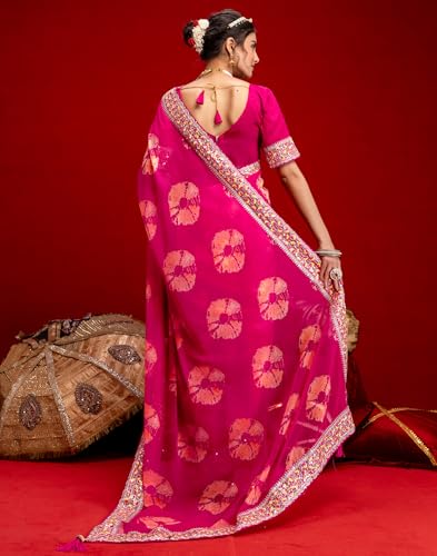 Image of SIRIL Women's Georgette Bandhani Printed Embroidery Lace Saree With Unstitched Blouse Piece