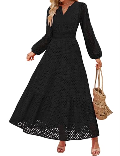ZESICA Women's 2025 Fall Long Sleeve Maxi Dress V Neck Hollow Out Eyelet A Line Long Flowy Casual Party Dresses Black Large