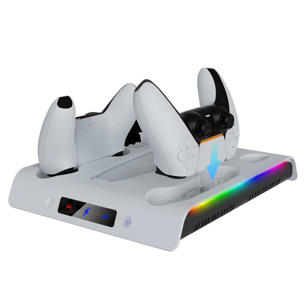Supporto di ricarica per PS5 Slim, ventola di raffreddamento Dual Controller Stazione di ricarica Supporto per cuffie Staffa Display Stand stabile Base di archiviazione con luce RGB per PS5 Accessori