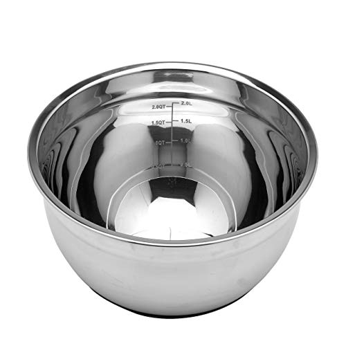 homepixi 304 Stainless Steel Solid Non Slip Silicone Base Professional Mixing Bowls Set with Measurement Marking (Set of 3), 1.5L, 2L and 2.5L, Silver