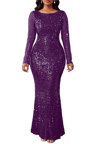 Image of VERWIN Women's Sequins Bodycon Round Neck Long Sleeve Sparkly Mermaid Maxi Dress for Casual Party Cocktail