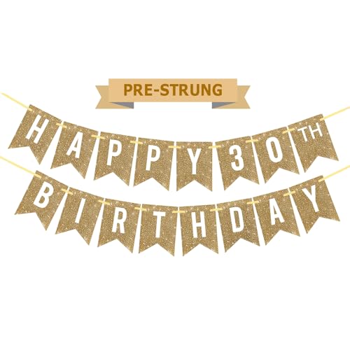 Netnology Pre-Strung Gold Happy 30th Birthday Banner Decorations 12 ft No DIY Gold Glitter 30th Birthday Party Banner Sign Decor for Women Men Girl Boy Party Supplies