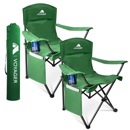 Voyager Juego de 2 sillas Plegables para Camping, Ligeras, con Bolsillo y Soporte para Bebidas, soporta hasta 120 kg Cada una, fácil de Transportar, Juego de sillas Plegables para Exteriores, Color