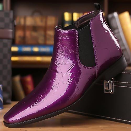 Image of Men's Patent Leather Low Chunky Heel Chelsea Boots Fashion High Gloss Slip-on Business Dress Oxford Boots for Wedding Prom Party Business Work
