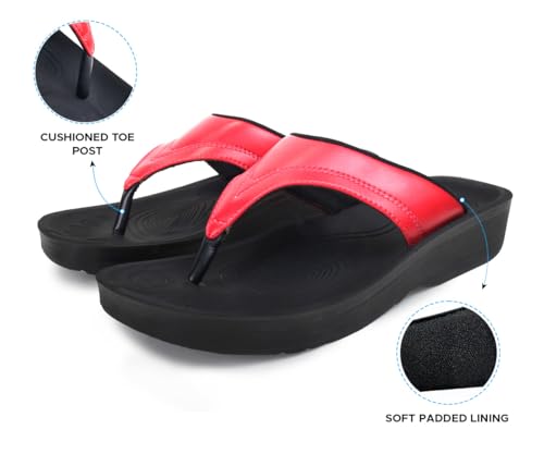 Image of AEROTHOTIC Comfy Arch Support Flip Flops for Women Open Toe Stylish Faux Leather Cushioned Strap with Non-Slip Sole & Comfortable Footbed Indoor and Outdoor Sandals