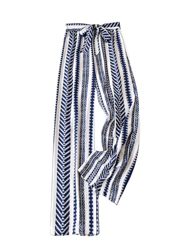 SHENHE Women's Striped Wide Leg Geo Print Boho Pants Belted Loose Flowy Palazzo Pants