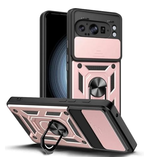 Image of Spazy Case Google Pixel 9 /9 Pro Back Cover | Heavy Duty Hybrid Case with 360 Degree Rotating Finger Ring Holder + Slider Shutter Camera Protection Case for Google Pixel 9 5G / 9 Pro 5G- Rose Gold