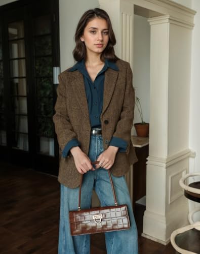 Women Suit Blazer Herringbone Pattern Woolen Coat Ladies Mid- Length Professional Casual Retro Only Jacket3