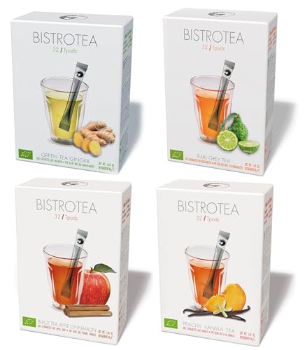 Bistrotea TPods 32 Teesticks EXOTIC Collection BIO|Earl Grey|Vanilla Peach|Apple Cinnamon|Grüntee Ginger|einzeln in Aromaschutzkuverts verpackt|4er Pack=128 Sticks