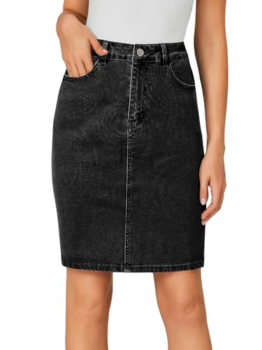 LYANER Women's Casual Stretch High Waist Bodycon Denim Jean Midi Skirt with Pockets2