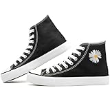 Women's High Top Canvas Shoes Fashion Sneakers Casual Shoes for Walking（Black Daisies.US9）