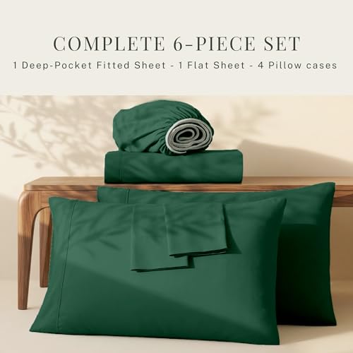 Image of Hearth & Harbor Bed Sheets, Luxury Soft 6 Piece Bed Sheet Set Extra Deep Pocket Fitted Sheets Fits Mattress up to 21 inch, Double Brushed Bedding Sheets & Pillowcases, Split King, Dark Green